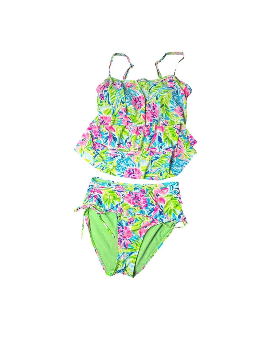 STELLA PARKER floral tankini top amd Drawcord side swim bottom swim set sz L New